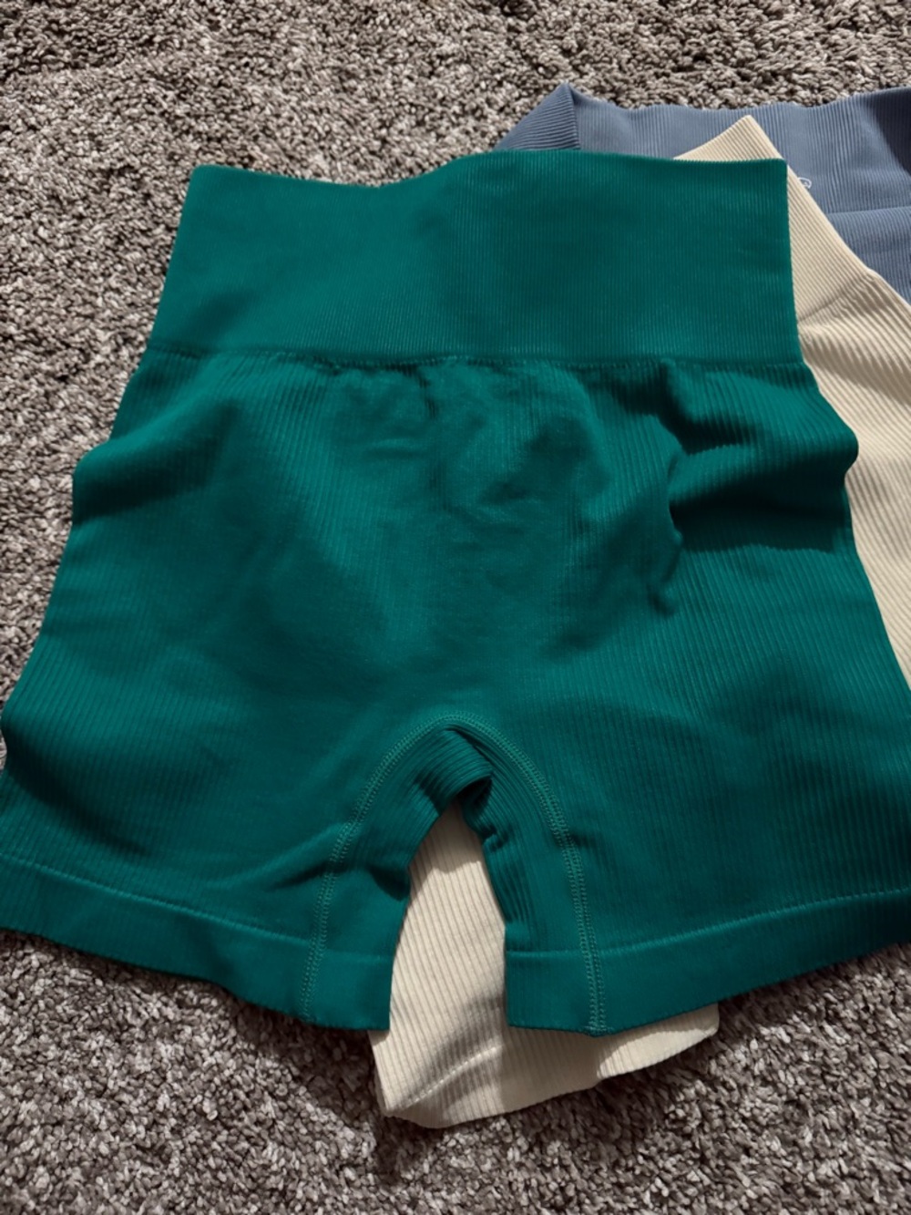 Three Ribbed Seamless Biker Shorts - Teal, Blue, Cream - Picture 3 of 5